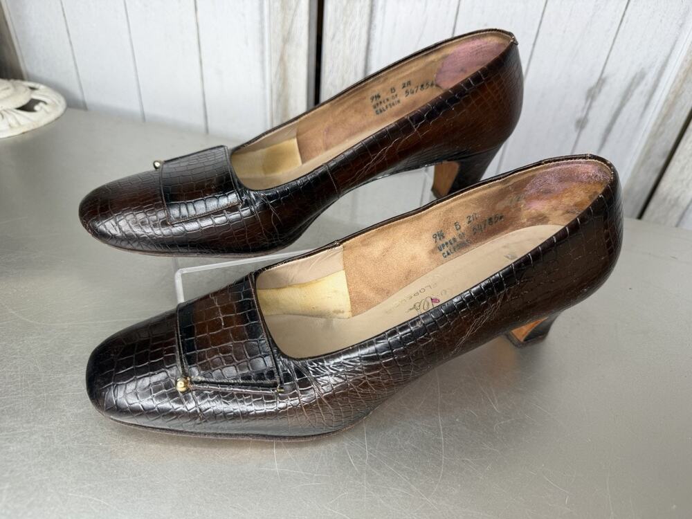 Vintage Florsheim Brown Leather Croco Print Block Heel Size 9.5 80s